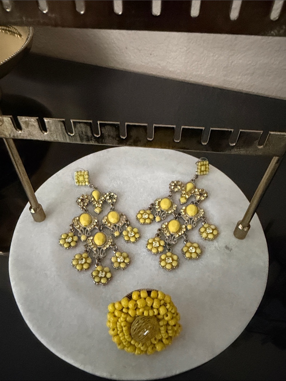 Yellow Floral Statement Earrings and Ring Set - Women Jewelry